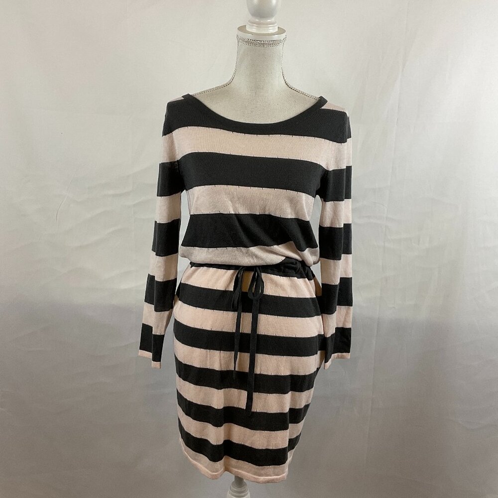 Rag & Bone Knit Dress M Pale Pink Gray Stripe Long Sleeve Drawstring Waist